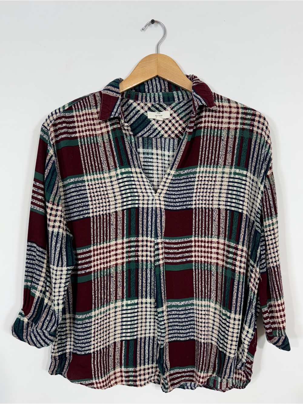 WSH147 {entro} Multicolor Plaid V-Neck Short Sleeve Pull On Tunic Shirt Blouse